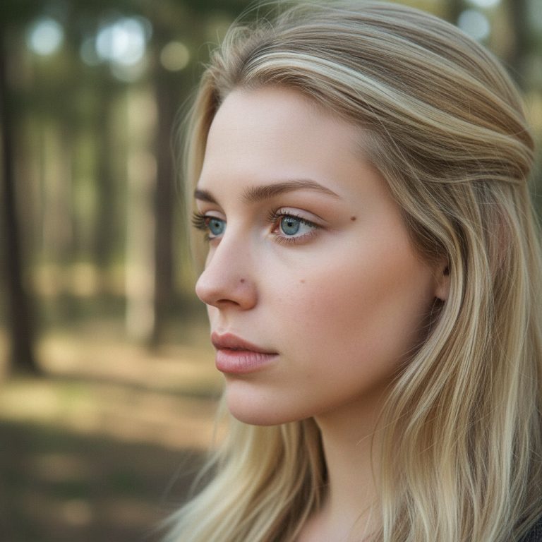 gemini 2.5 flash image Prompt Same woman blonde hair tucked behind ear blue eyes side profile shot smal 0 768x768