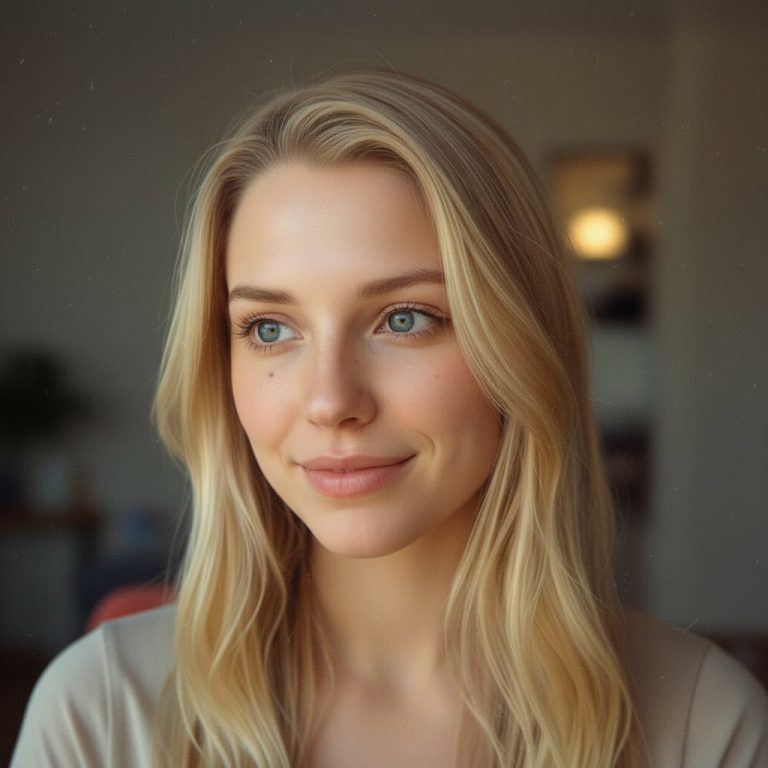 gemini 2.5 flash image Young woman mid 20s blonde hair blue eyes small mole directly above left eyebrow 0 768x768